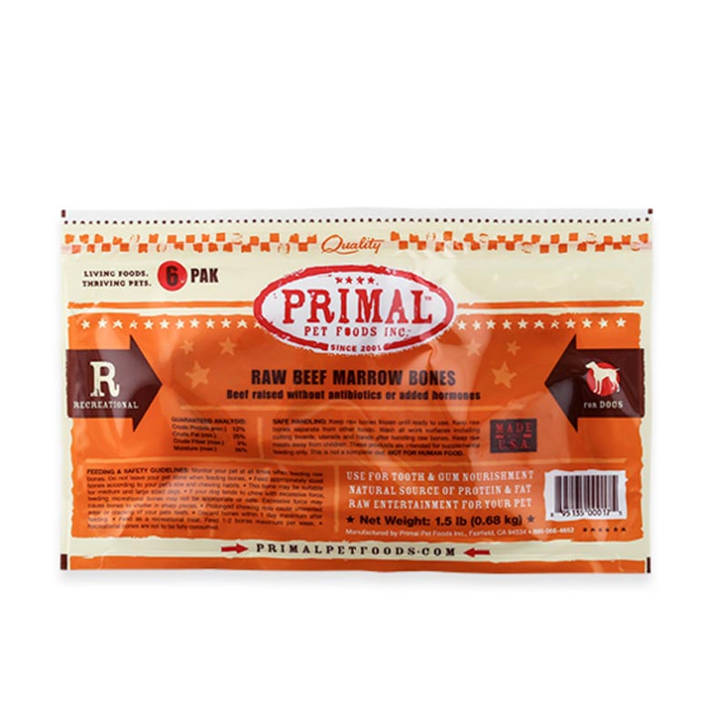 Primal Raw Recreational Beef Marrow Bones, 6 pack