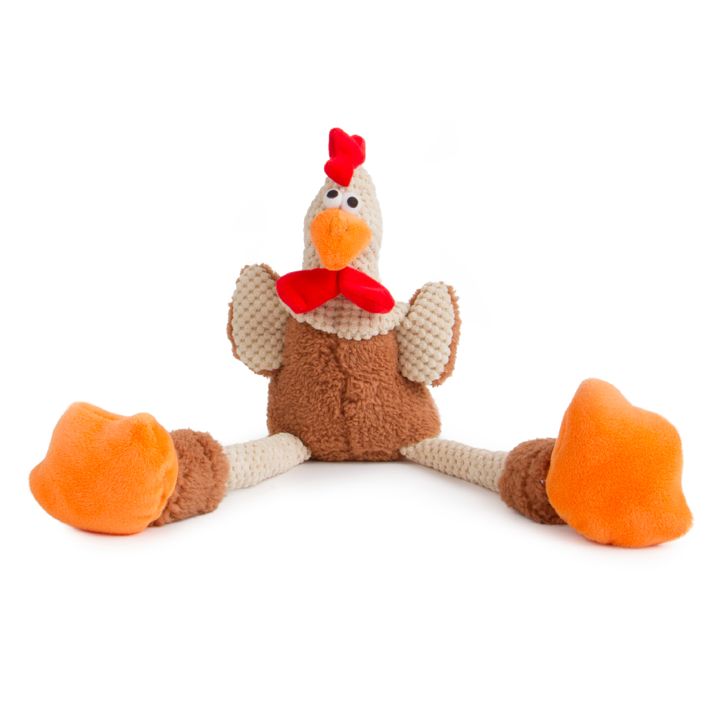 GoDog Skinny Rooster Chew Guard Squeaky Plush Dog Toy, Brown, Large