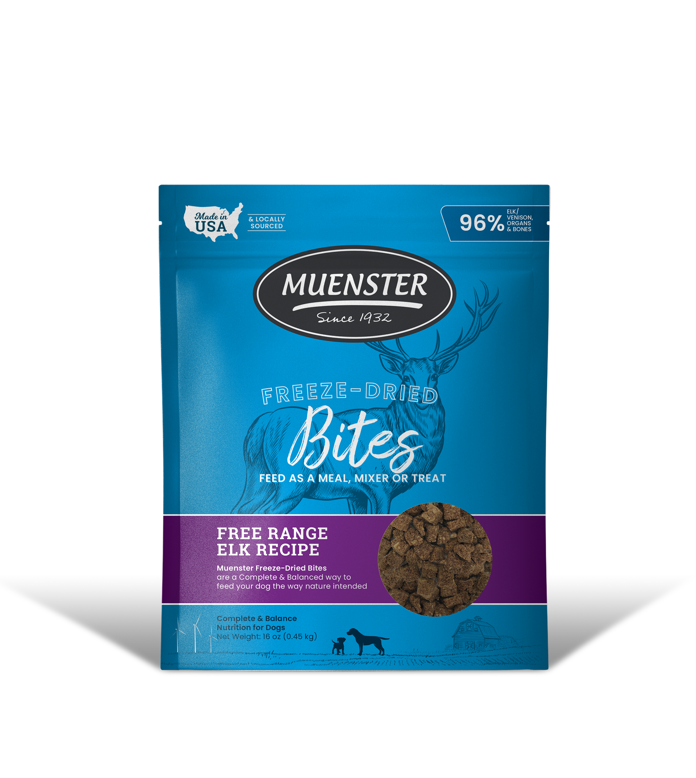 Muenster Freeze-Dried Bites Free Range Elk Recipe for Dogs